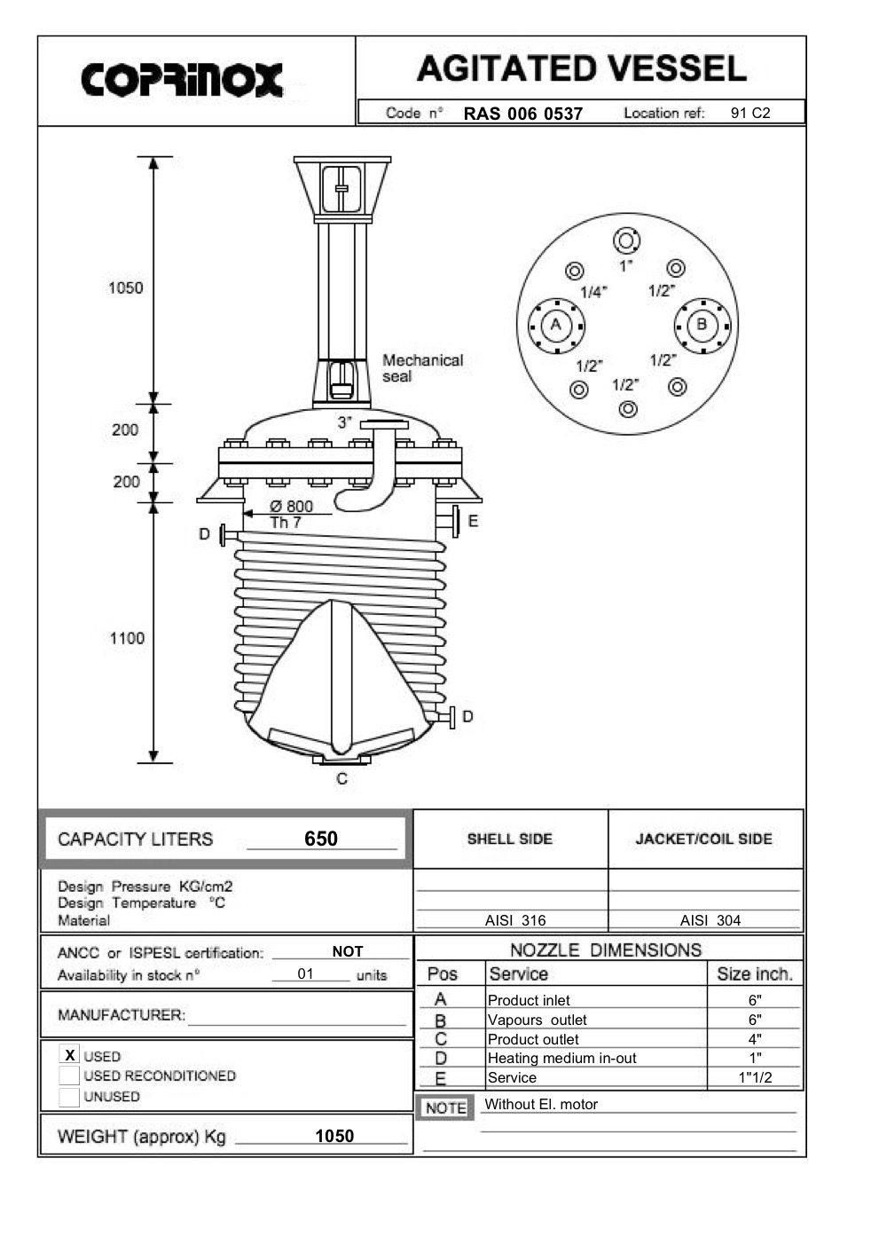 Usato Reattore  da 650 Litri