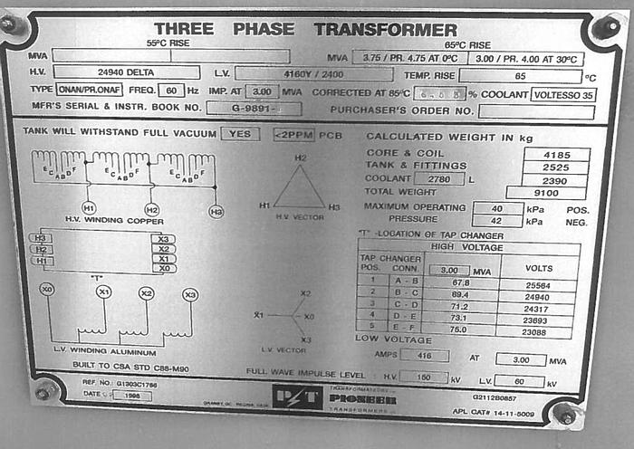 Used 1998 Pioneer 3Ph 3 mVA Transformer