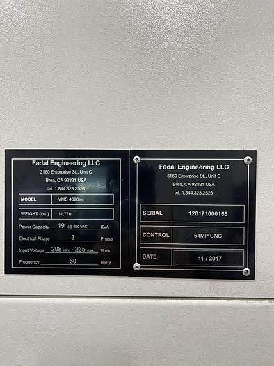 Used 40"X, 20"Y, 20"Z, FADAL, 2017, CNC VERTICAL MACHINING CENTER