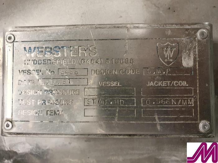 Used Webster 2,000 Litre Jacketed Mixing Vessel with 2018 SPX Atex Rated Mixer