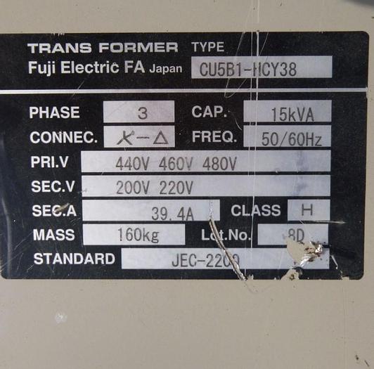 Used Transformer, 15 KVA, FUJI, 3-Phase, Type CU5B1-HCY38 #S743614