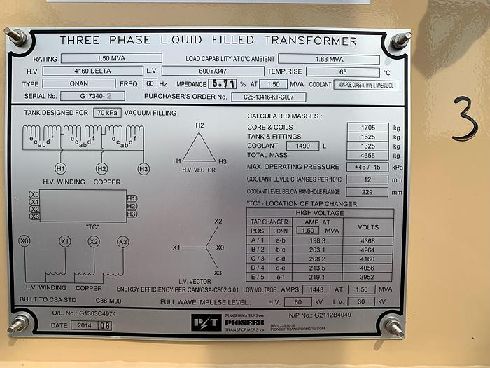 Surplus 2014 Pioneer 1.5mVA 4160 Delta Step-down Transformer
