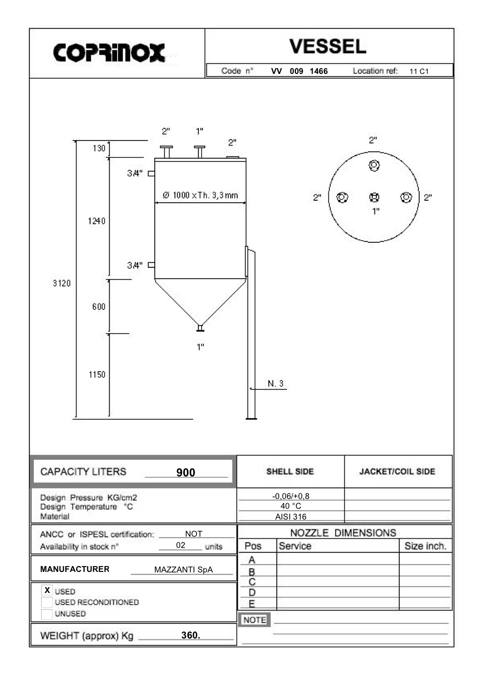 Usato Serbatoio MAZZANTI SpA da 900 Litri