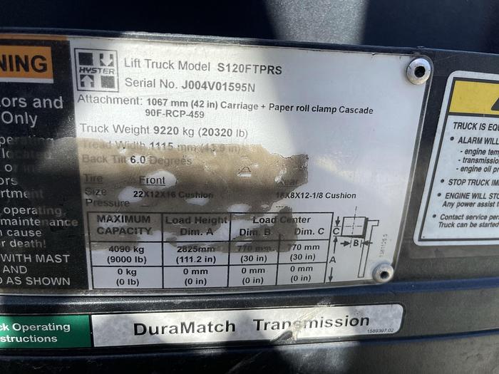 Used 12,000 POUND HYSTER ROLL CLAMP FORKLIFT W/ 60" CASCADE CLAMP 2,100 HOURS