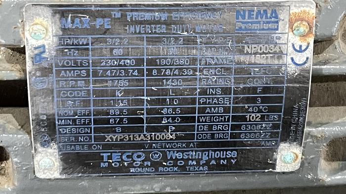 Used TECO 3 Hp Motor