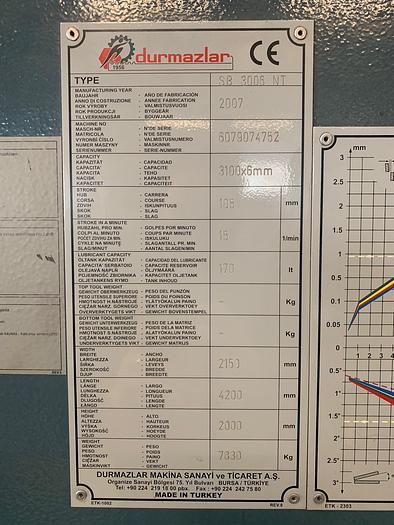 Used 2007 Durma SN2006NT Guillotine Shears