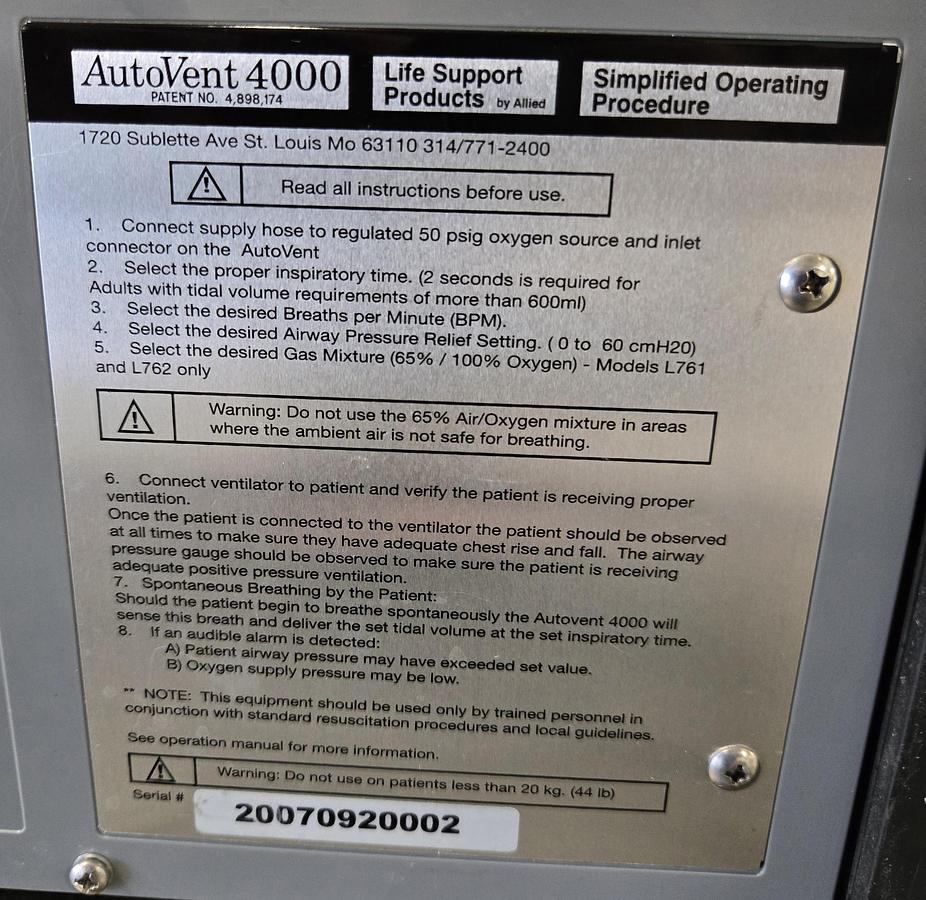 Used Allied Life Support Products AutoVent 4000 Transport Ventilator
