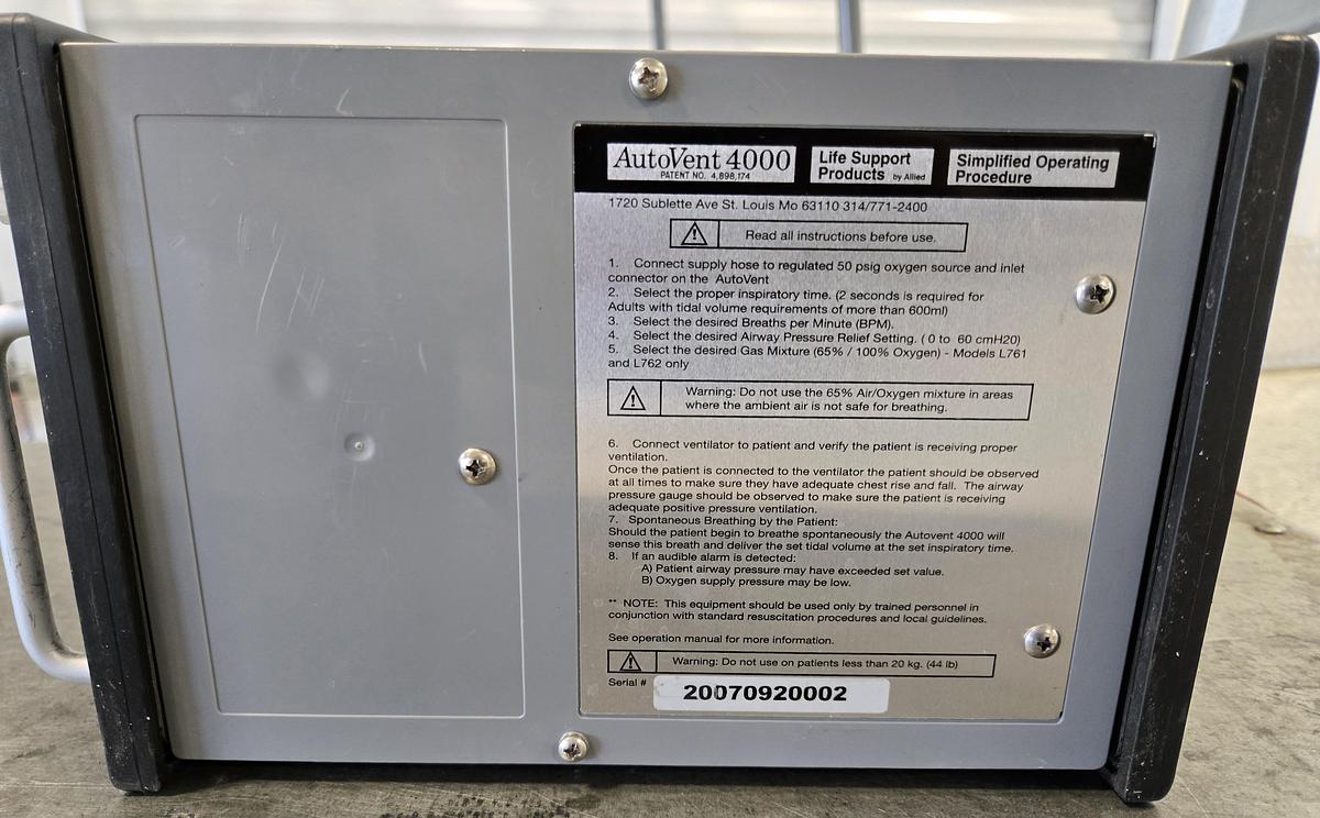 Used Allied Life Support Products AutoVent 4000 Transport Ventilator