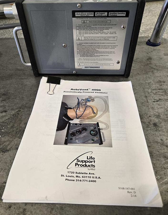 Used Allied Life Support Products AutoVent 4000 Transport Ventilator