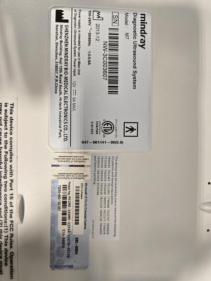 Used Mindray M7 Ultrasound System - 3 Transducers & Carry Case