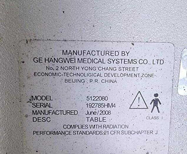 Used 2008 GE 5122080 VCT PATIENT TABLE