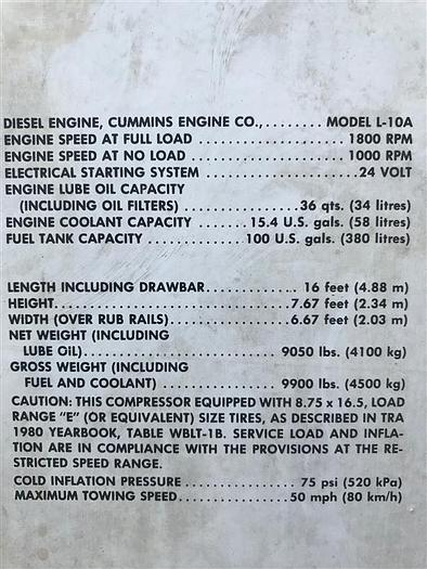 Used 1988 Ingersoll-Rand XP-825-W-CU 825 cfm / 125 psi Air Compressor Towable