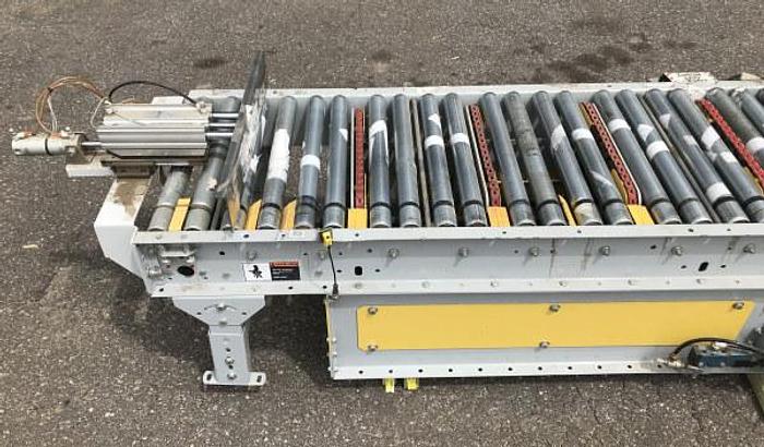 Used 24" WIDE x 11' LONG POWER ROLLER CONVEYOR WITH INTEGRATED LATERAL FEED BELTS