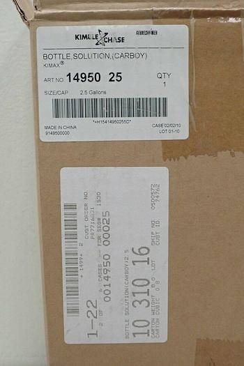 Used Kimble Kimax 14950-25 Heavy-Duty Glass Solution Bottle Carboy, 2.5 gallon