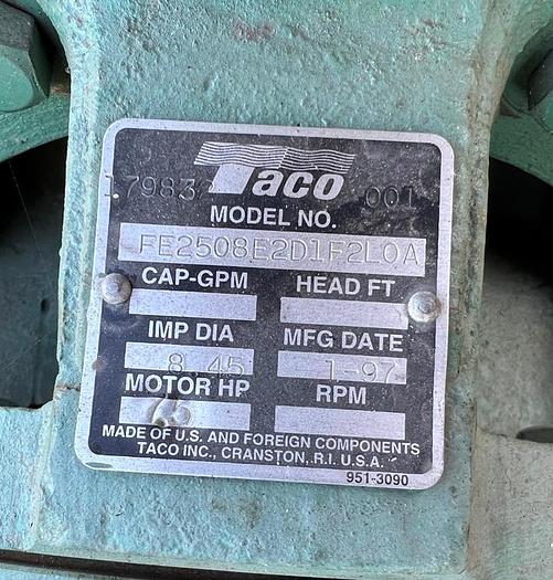 Used Pump, Centrif, 7.5 HP, 3" In / 2.5" Out, TACO, FE Series #C744913