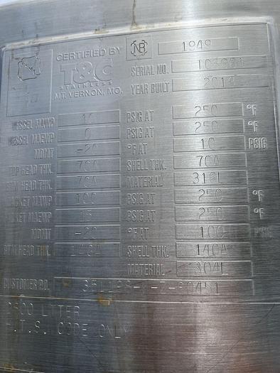Used Tank, 740 Gallon, 316L Stainless Steel, Jacketed, Agitated, 10 PSI, T&C Stainless #L744629