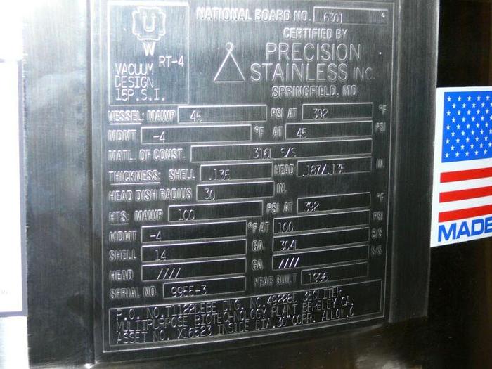 Used Precision 350 Liter Stainless Steel Jacketed Reactor w/ Load Cells, Rated 45 PSI