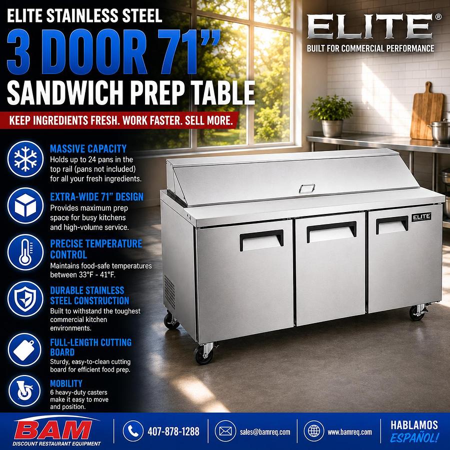 Elite Stainless Steel 3 Door Sandwich Prep Table on Castors