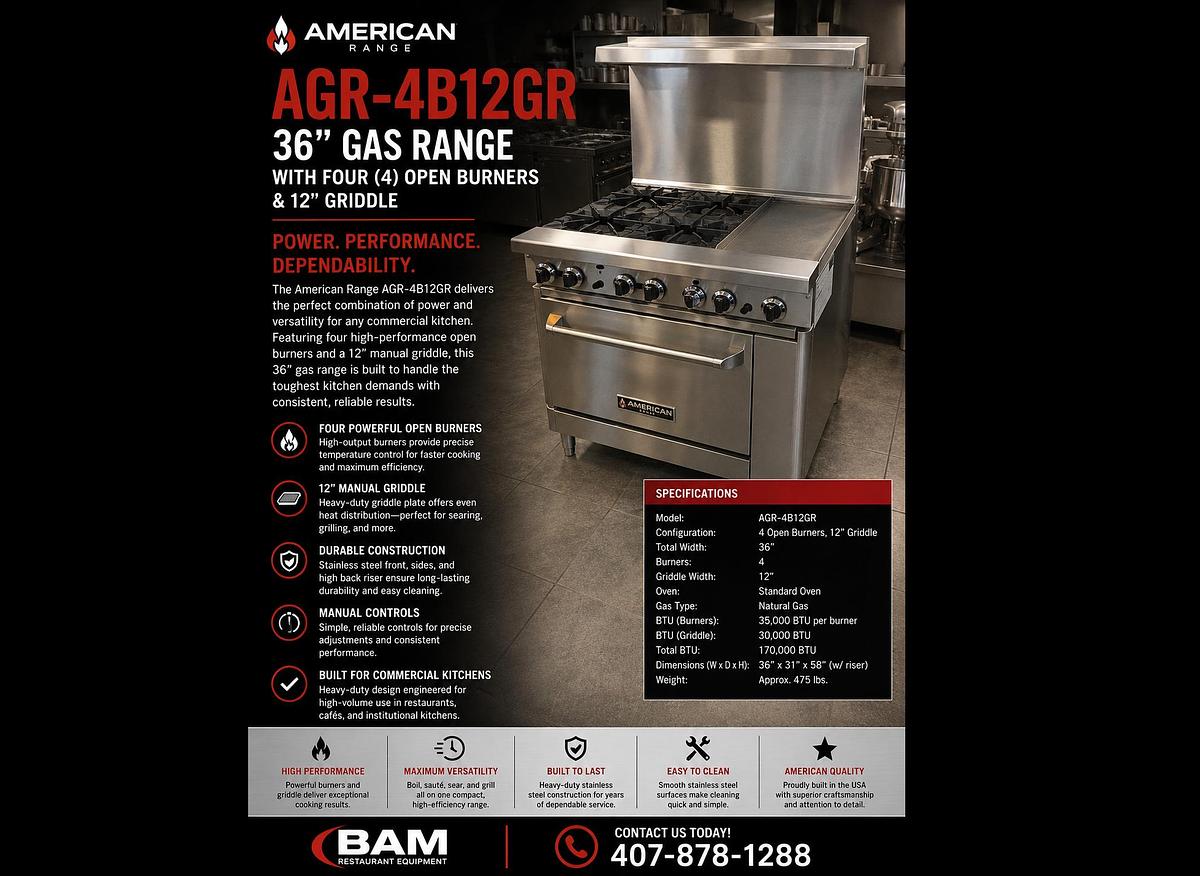 Used AGR-4B12GR — 36″ Gas Range with Four (4) Open Burners & 12″ GriddleAGR-4B12GR — 36″ Gas Range with Four (4) Open Burners & 12″ Griddle
