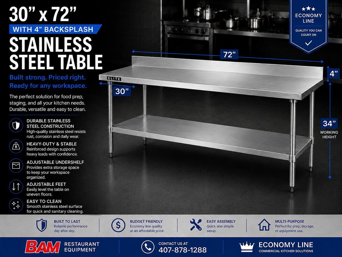 30”X72”4" Backsplash Stainless Steel Table