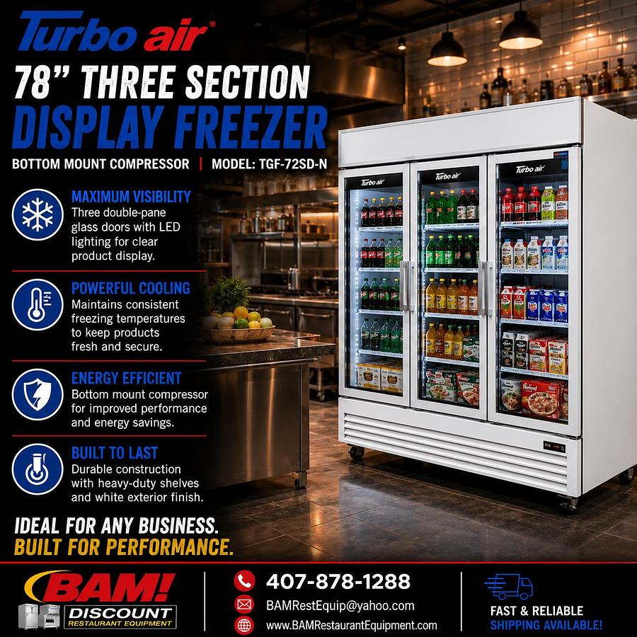 Used Turbo Air TGF-72SD-N 78” Three Section Display Freezer w/ Swing Doors - Bottom Mount Compressor, White, 115v