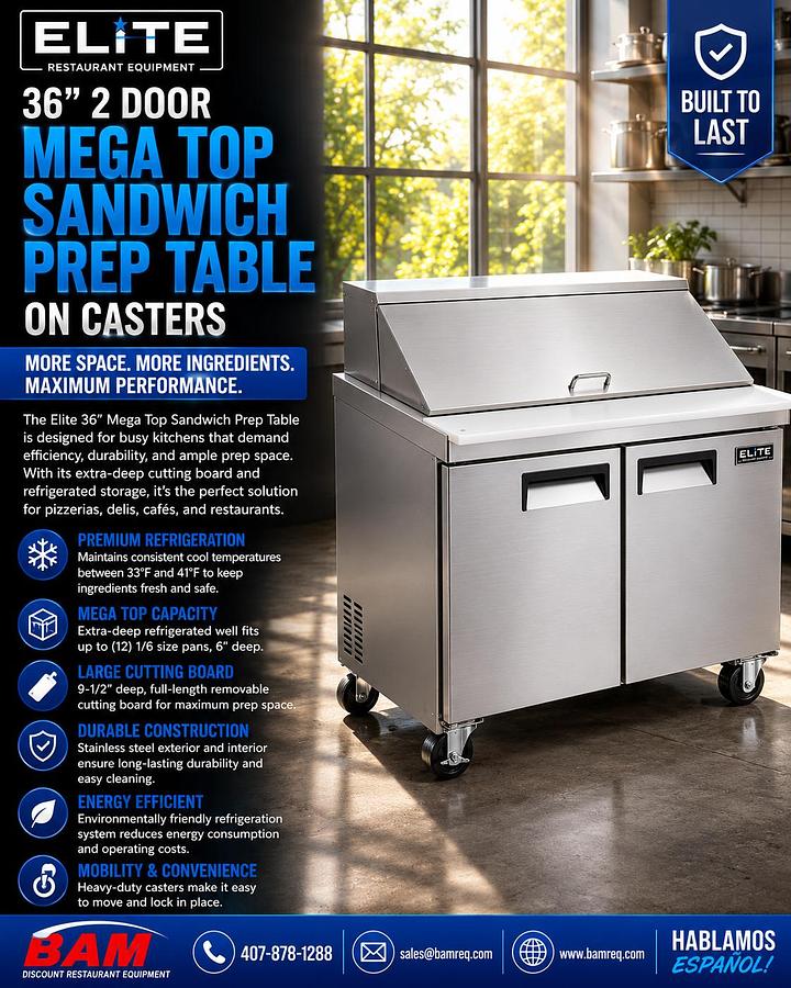 Elite Stainless Steel 2 Door 36" Mega Top Sandwich Prep Table on Castors