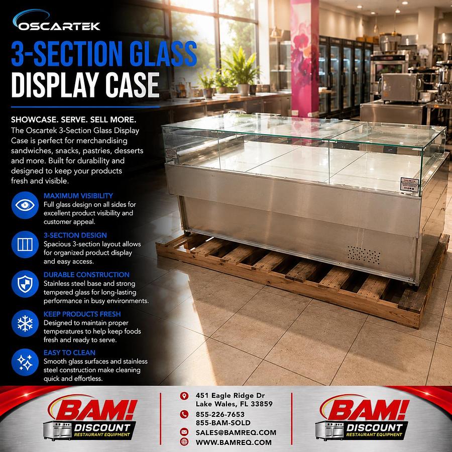 Refurbished Oscartek 3-Section Glass Refrigerated Display Case Stainless Steel Merchandiser