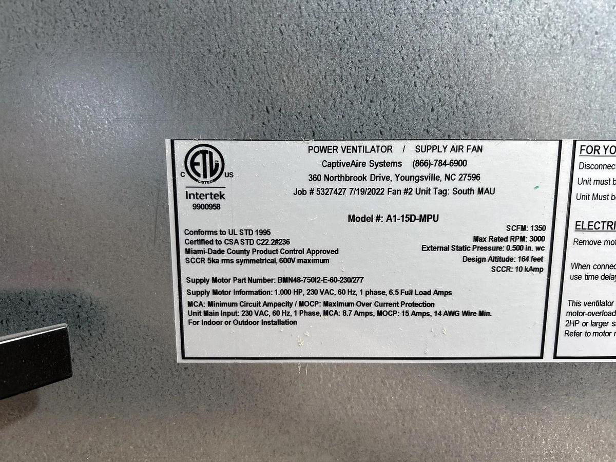 New Captive Aire Make Up Air Unit - With A/C Unit- 220v 1 Phase- 1350CFM