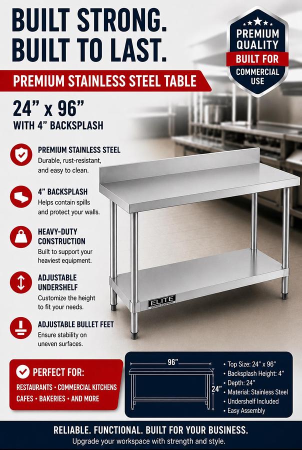24”x96” 4" Backsplash Stainless Steel Table
