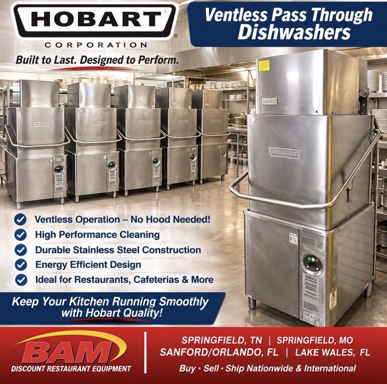 Refurbished HOBART COMMERCIAL VENTLESS PASS-THROUGH DISHWASHER – HEAVY-DUTY STAINLESS STEEL