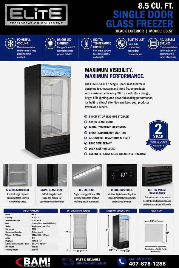 Elite Glass Single Door Freezer 8.5Cu. Ft.