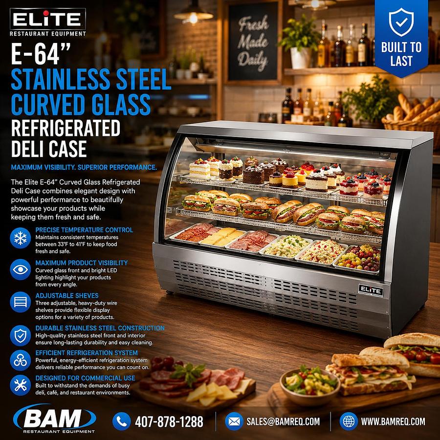 Elite - E- 64" Stainless Steal Curved Glass Refrigerated Deli Case