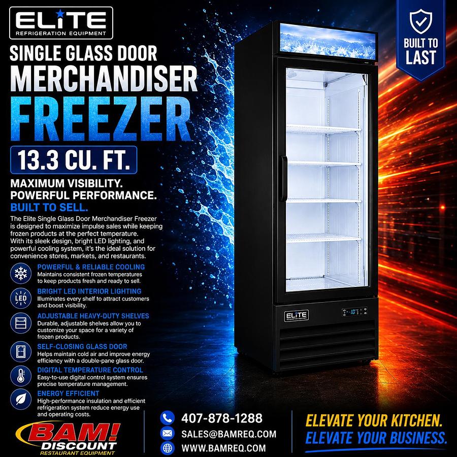 Elite Single Glass Door Merchandiser Freezer 13.3 CF
