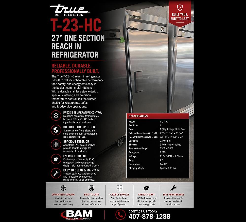 Used Used: True T-23-HC 27” One Section Reach In Refrigerator, (1) Right Hinge Solid Door, 115vUsed: True T-23-HC 27” One Section Reach In Refrigerator, (1) Right Hinge Solid Door, 115v