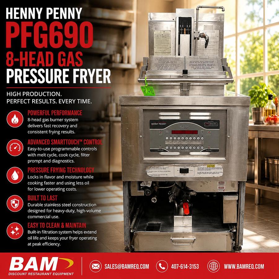 Used Henny Penny PFG690.09 26” 8-Head Natural Gas Pressure FryerHenny Penny PFG690.09 26” 8-Head Natural Gas Pressure Fryer