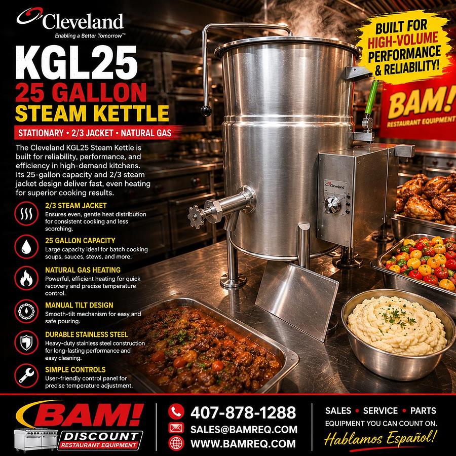 Used Cleveland KGL25 25 gal Steam Kettle - Stationary, 2/3 Jacket, Natural Gas