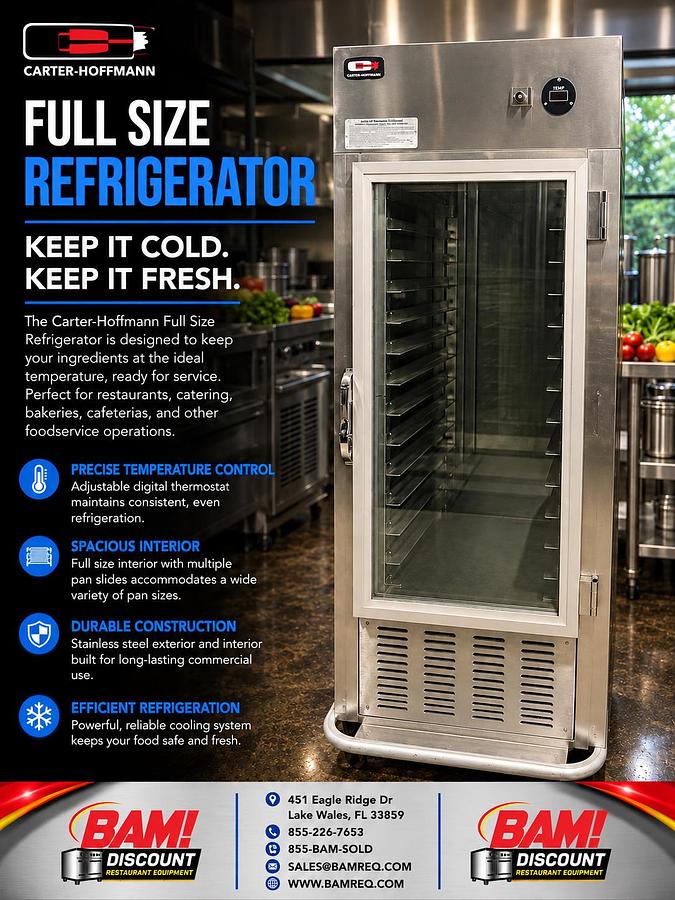 Refurbished Carter-Hoffmann Full Size Commercial Refrigerator Glass Door Stainless Steel