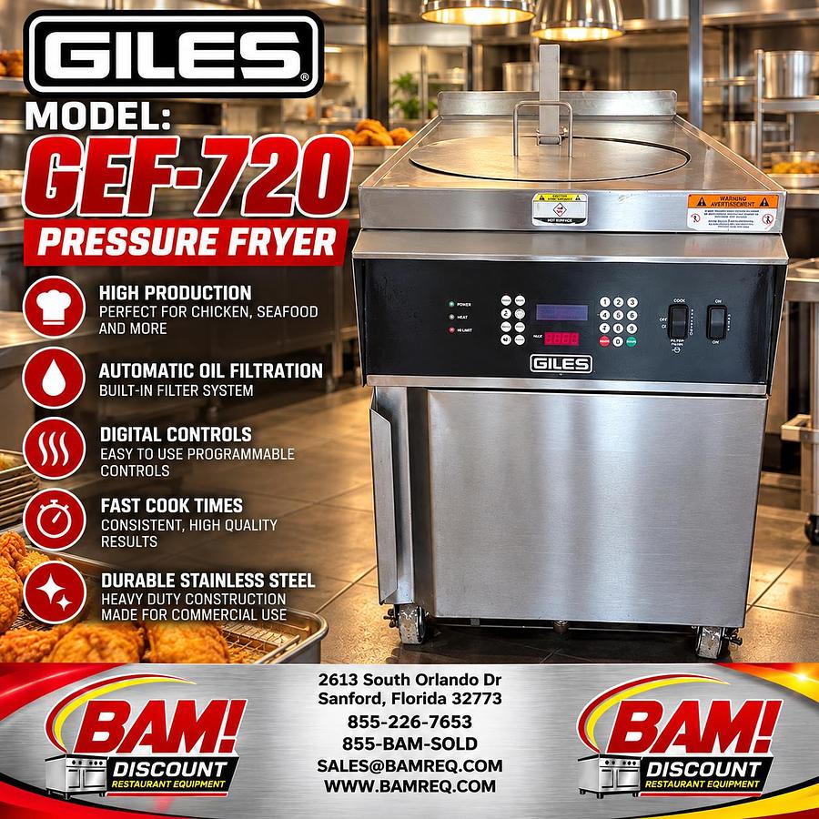 Refurbished Giles GEF-720 Commercial Pressure Fryer – Digital Controls – Built-In Oil Filtration
