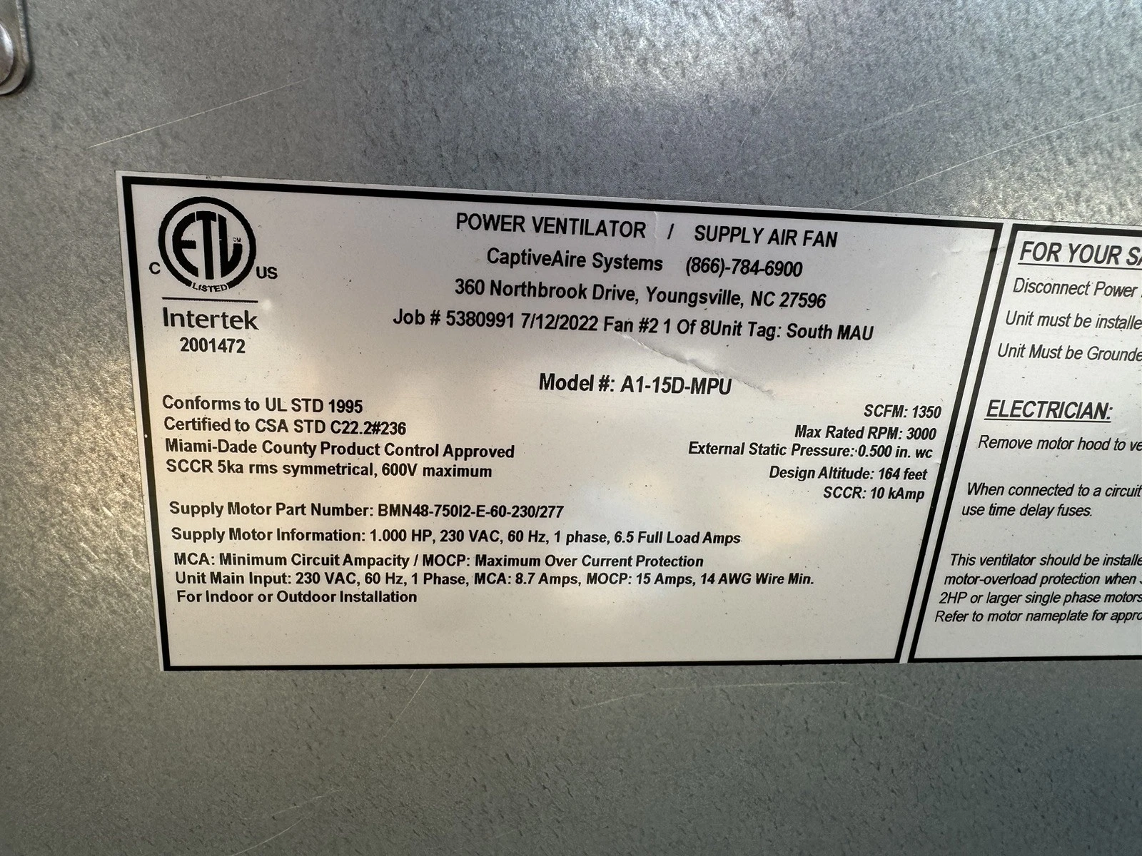 New Captive Aire Make Up Air Unit - With A/C Unit- 220v 1 Phase- 1350CFM