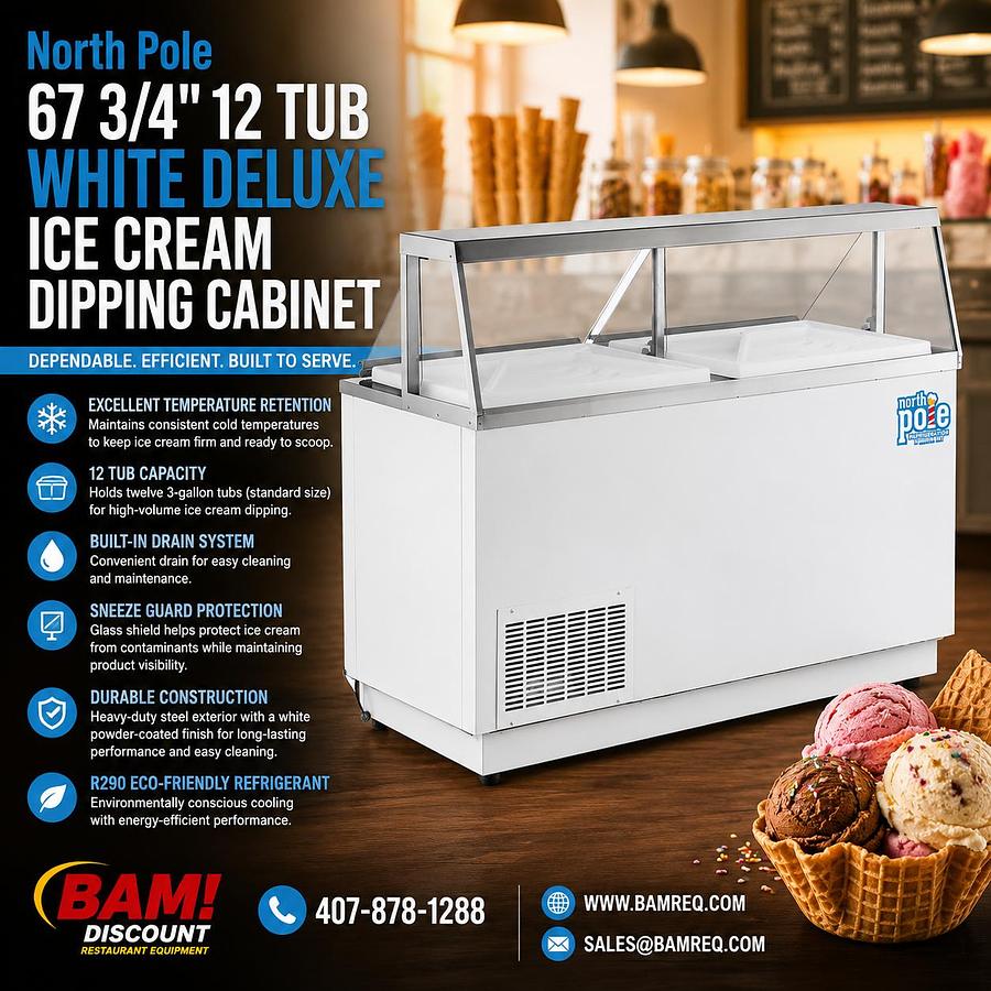 Elite 67 3/4" 12 Tub White Deluxe Ice Cream Dipping Cabinet