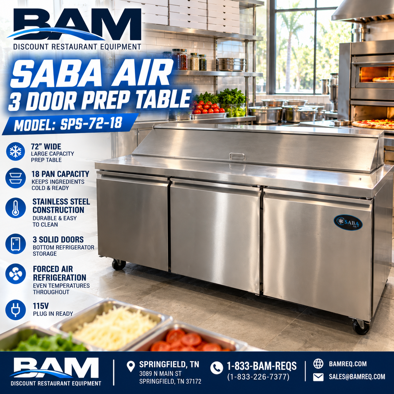 Refurbished SABA AIR SPS-72-18 – 72” 3-Door Refrigerated Sandwich / Salad Prep Table
