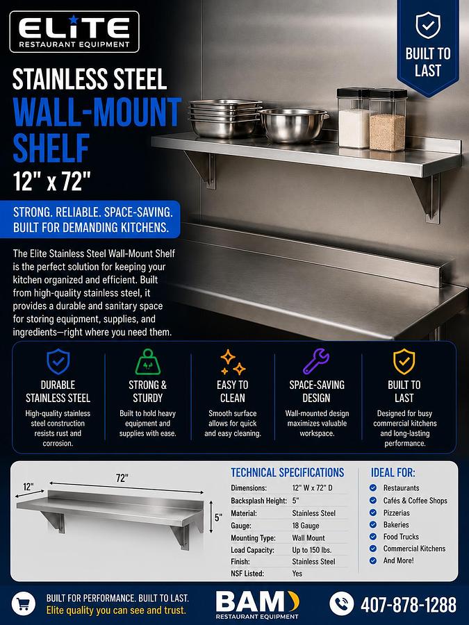 Elite Stainless Steel Wall-Mount Shelf 12x'72'