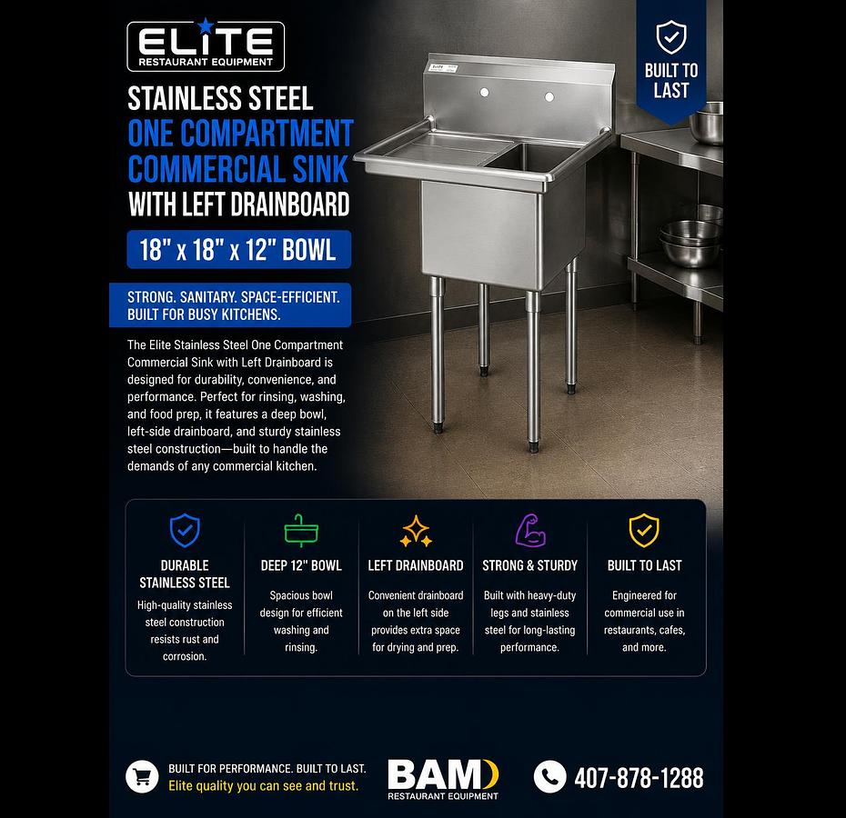 Elite Stainless Steel One Compartment Commercial Sink with Left Drainboard - 18" x 18" x 12" Bowl