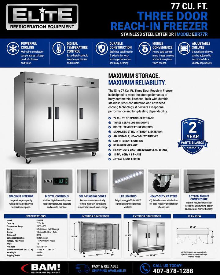 Elite Stainless Steel Three Door Reach-In Freezer