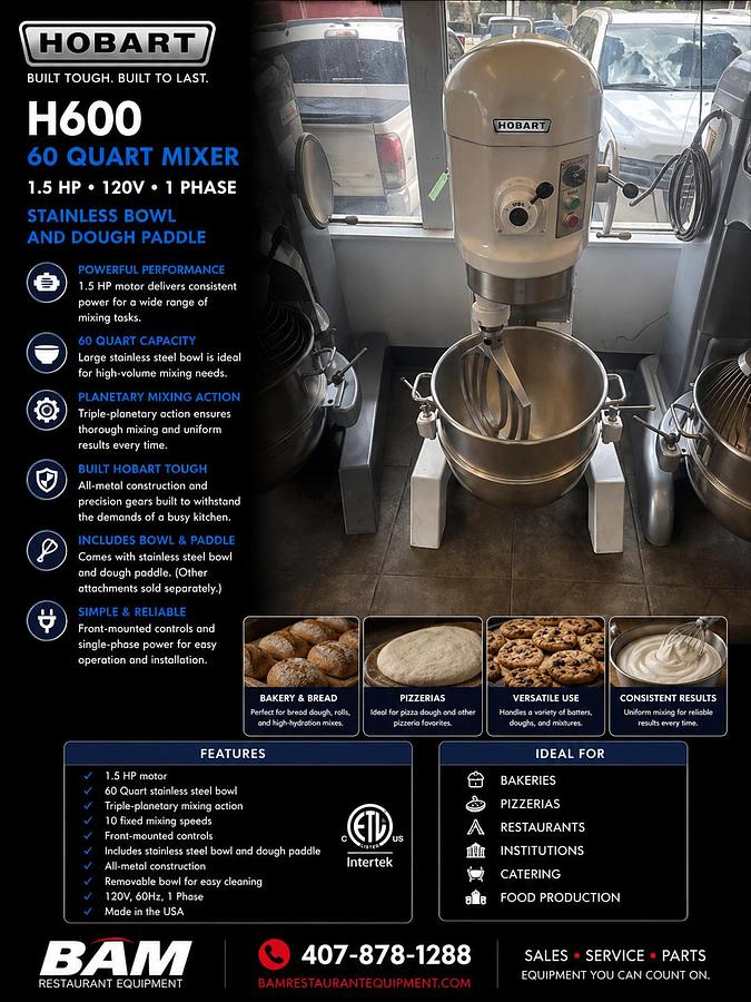Used Hobart H600 60 Qt Mixer 1.5HP - 1Ph - 120V - Stainless Bowl And Dough Paddle