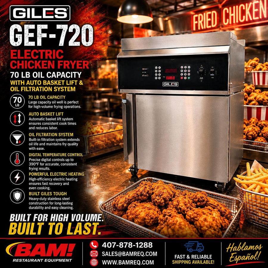 Used 70 LB Giles GEF-720- Electric Chicken Fryer with Auto Basket Lift and Oil Filtration System