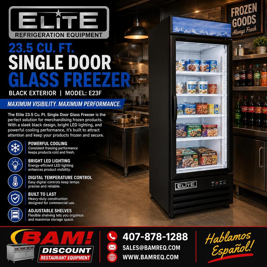 Elite 23.5 Cu. Ft. Single Door Glass Freezer – Black