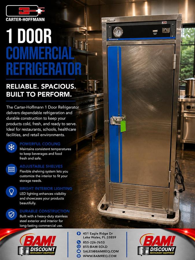 Refurbished Carter-Hoffmann 1 Door Commercial Refrigerator Stainless Steel Reach-In Cooler