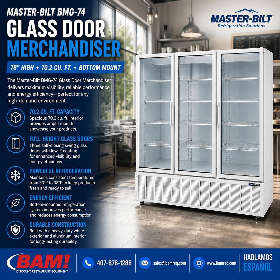 Used Master-Bilt BMG-74 White Bottom Mounted Full-Height Swing Glass Door Refrigerated Merchandiser 78” 70.2 Cu. Ft.Master-Bilt BMG-74 White Bottom Mounted Full-Height Swing Glass Door Refrigerated Merchandiser 78” 70.2 Cu. Ft.