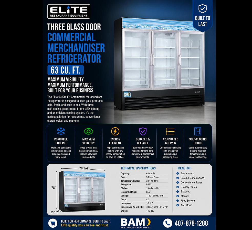 Elite Three Glass Door Commercial Merchandiser Refrigerator – 63 Cu. Ft.
